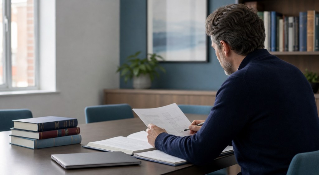 A professional reviewing research and anonymised case material in a quiet study room