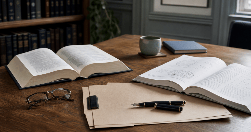 Legal and clinical reference books, case papers and notes on a professional study desk.