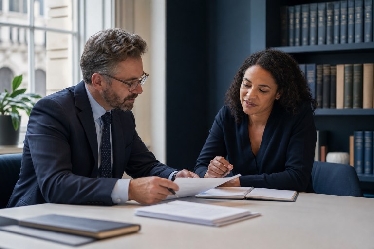 A legal professional and clinical expert reviewing anonymised case material together