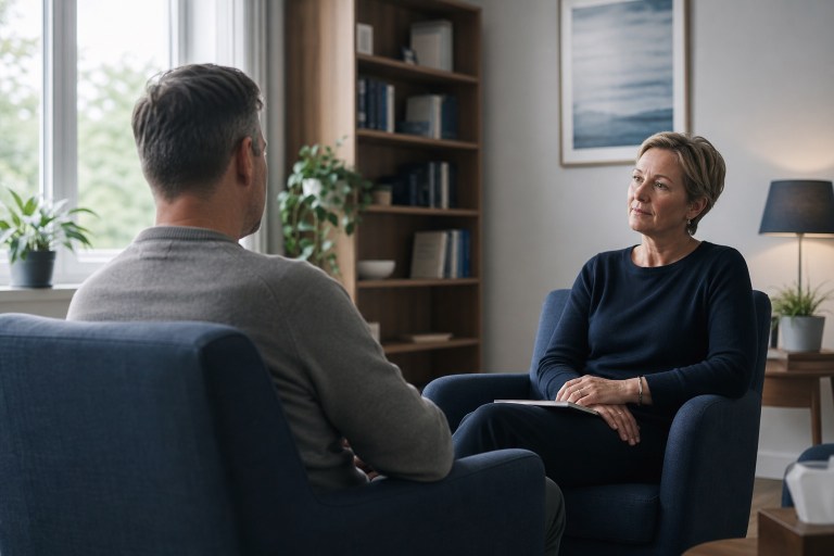 An adult speaking privately with an experienced therapist in a calm consultation room