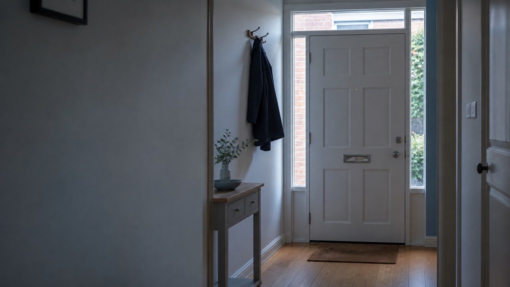 Closed front door viewed from inside a quiet home